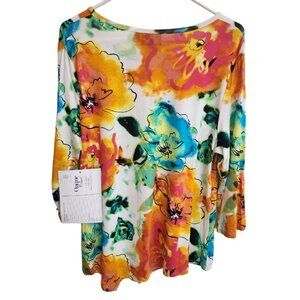 NWT ONQUE Stretch 3/4 Sleeve Asymmetrical Hem Bold Orange & Aqua Size M